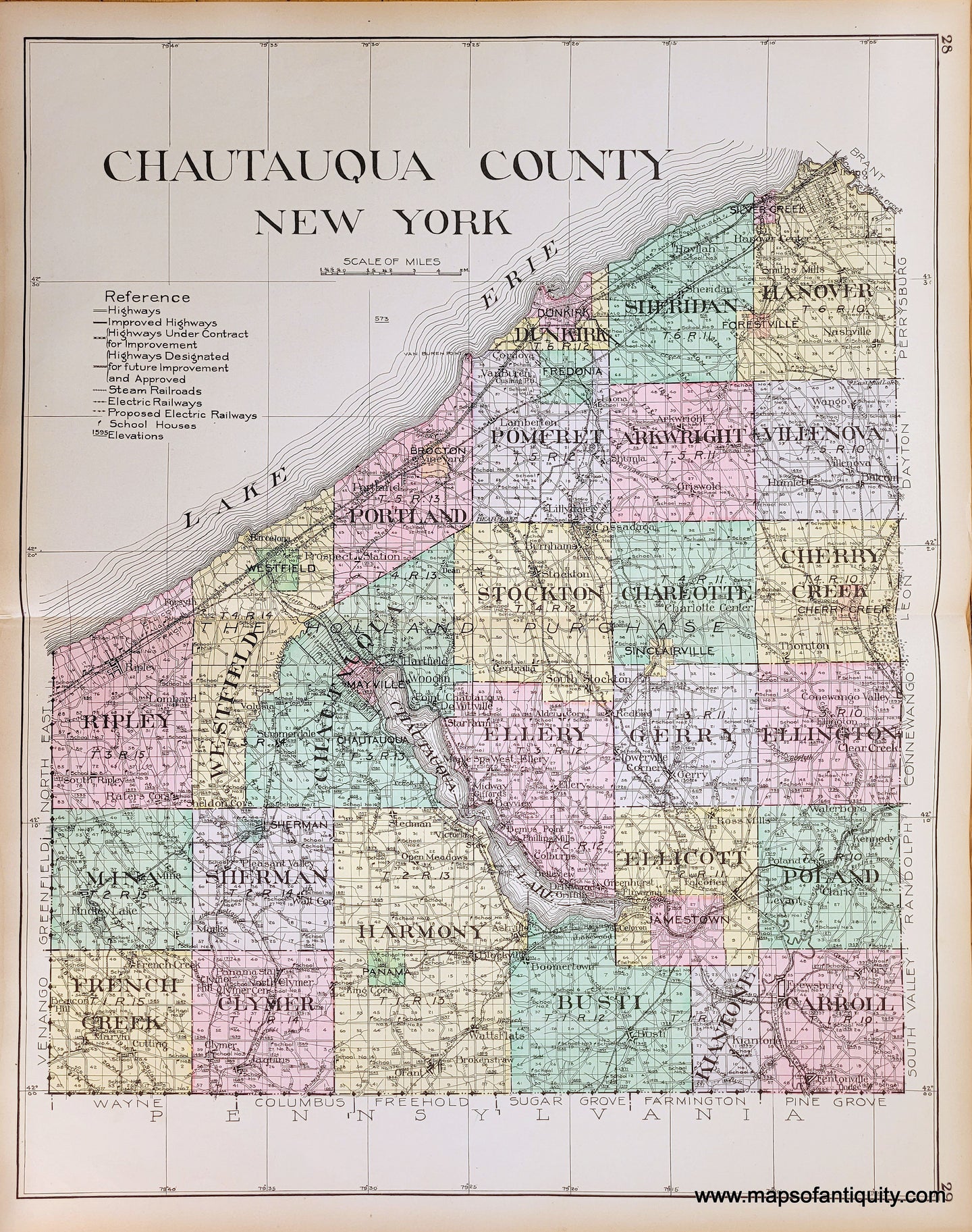 Antique-Hand-Colored-Map-Chautauqua-County-New-York-United-States-New-York-1911-Everts-Maps-Of-Antiquity