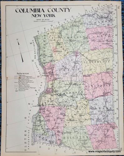 Antique map of Columbia County New York, NY, colored by town in antique tones of pink, green, yellow, purple, and showing railroads, highways, proposed highways, cities, villages, etc. Published in 1911.