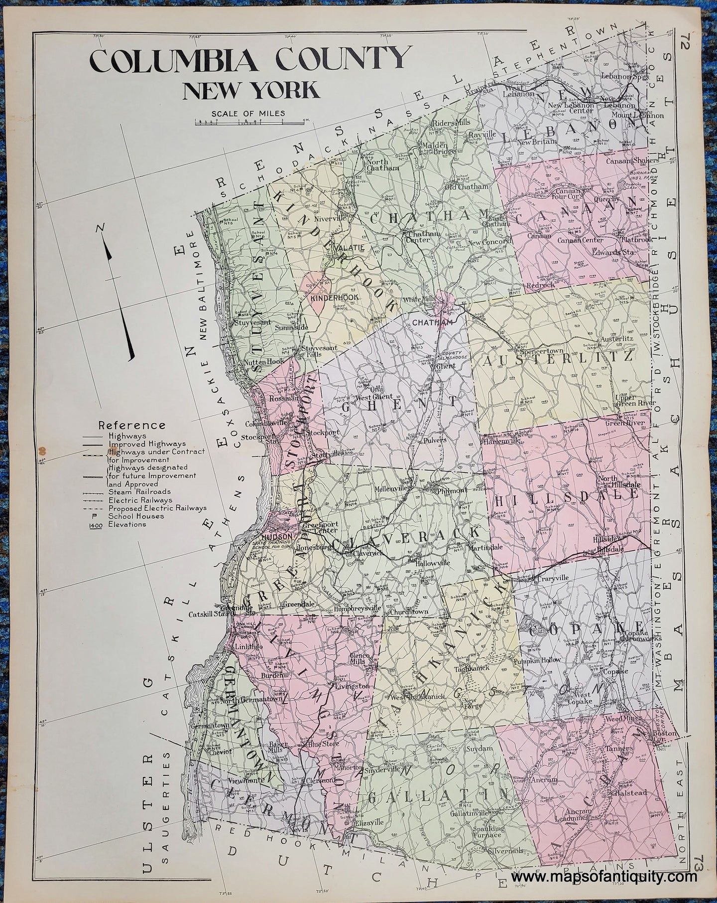 Antique map of Columbia County New York, NY, colored by town in antique tones of pink, green, yellow, purple, and showing railroads, highways, proposed highways, cities, villages, etc. Published in 1911.