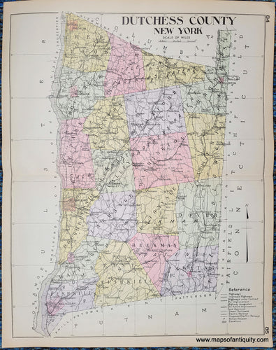 Antique map of Dutchess County New York, NY, colored by town in antique tones of pink, green, yellow, purple, and showing railroads, highways, proposed highways, cities, villages, etc. Published in 1911.