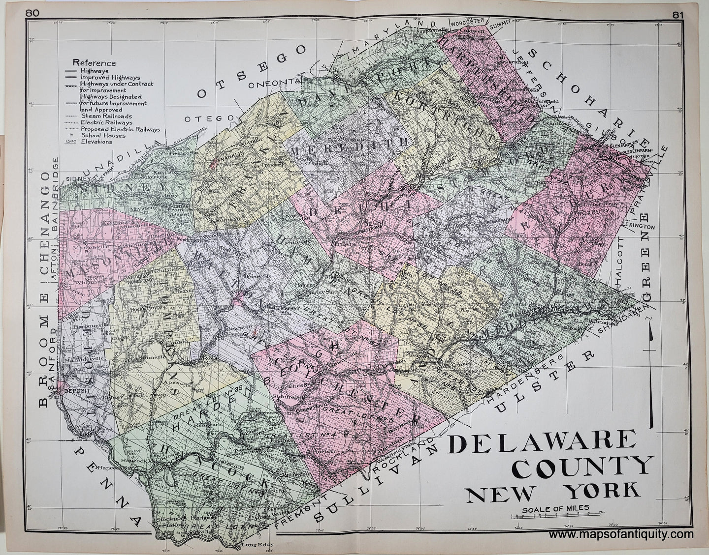 Antique map of Delaware county New York ny. Colored by town in antique tones of yellow, green, pink, and purple.