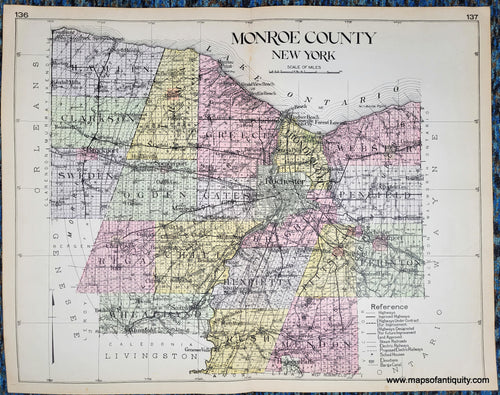 Antique map of Monroe County New York, NY, colored by town in antique tones of pink, green, yellow, purple, and showing railroads, highways, proposed highways, cities, villages, etc. Published in 1911.