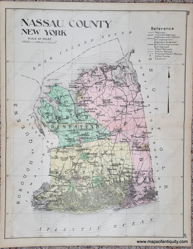 Antique map of Nassau County, Long Island, New York, NY. Original color. Colored by town in antique tones of green, pink, and yellow.