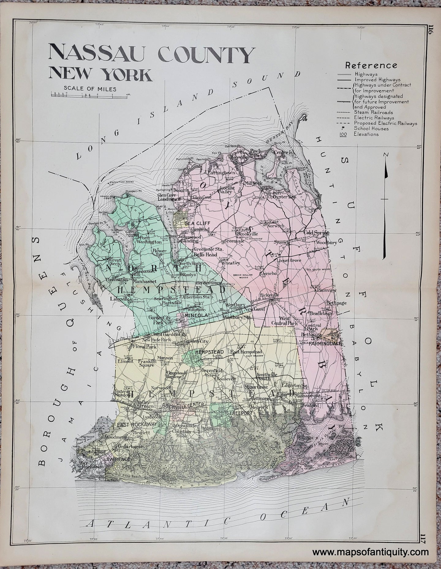 Antique map of Nassau County, Long Island, New York, NY. Original color. Colored by town in antique tones of green, pink, and yellow.