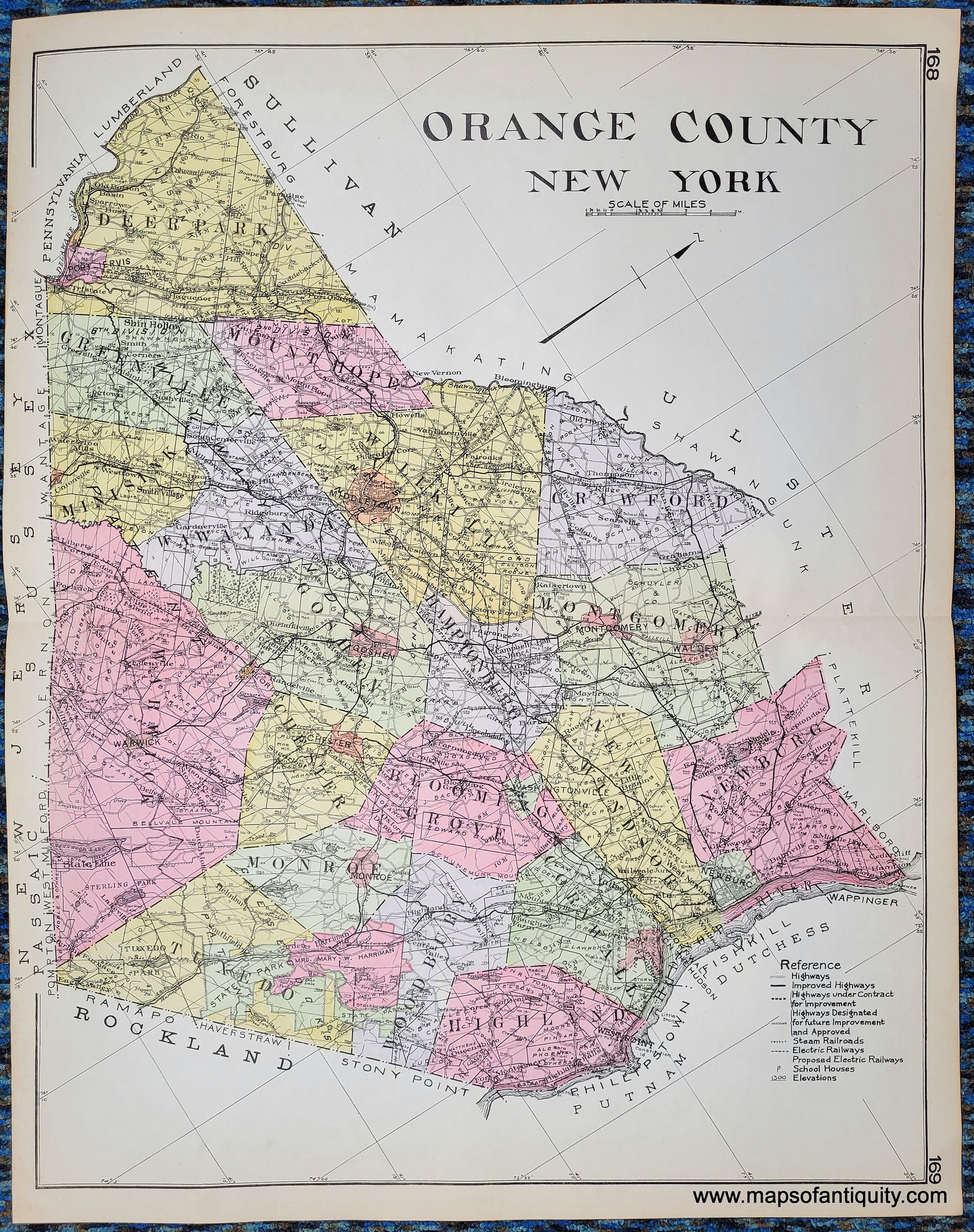 Antique map of Orange County New York, NY, colored by town in antique tones of pink, green, yellow, purple, and showing railroads, highways, proposed highways, cities, villages, etc. Published in 1911.