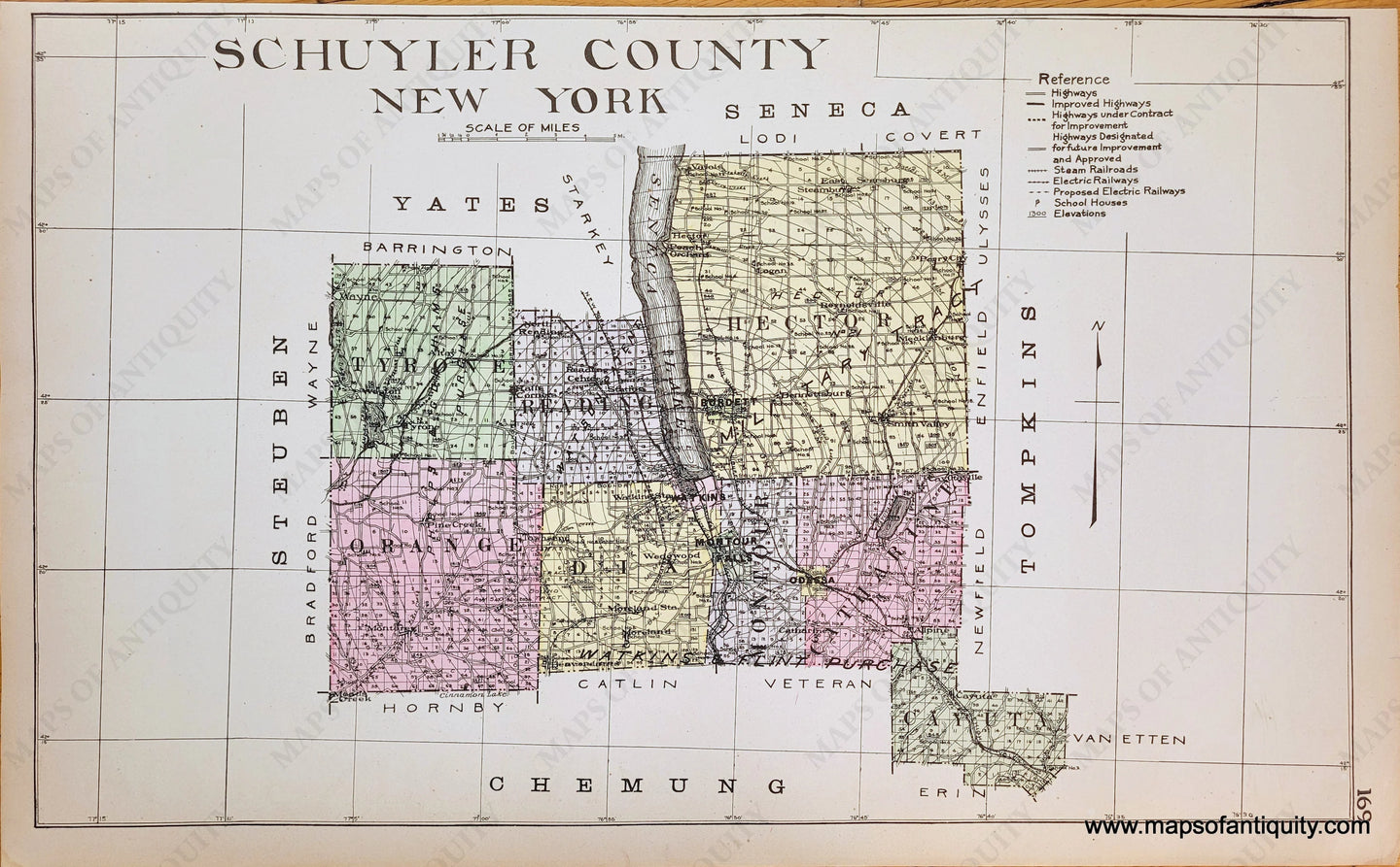 1911 - Schuyler County New York Antique Map Genuine Hand-Colored