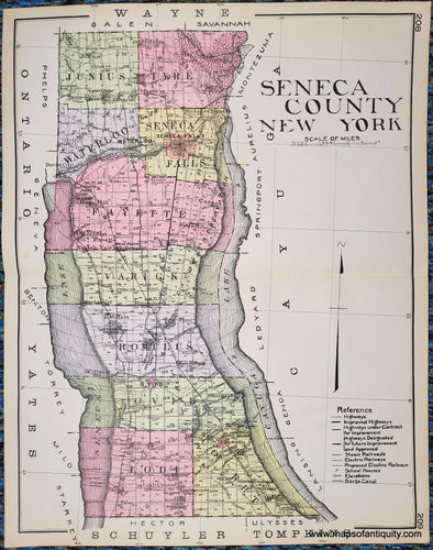 Antique map of Seneca County New York, NY, colored by town in antique tones of pink, green, yellow, purple, and showing railroads, highways, proposed highways, cities, villages, etc. Published in 1911.