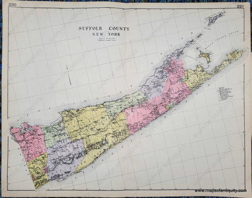 Antique map of Suffolk County, Long Island, New York, NY, colored by town in antique tones of pink, green, yellow, purple, and showing railroads, highways, proposed highways, cities, villages, etc. Published in 1911.