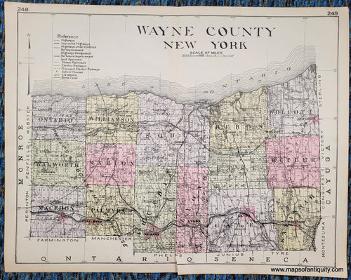 Antique map of Wayne County New York, NY, colored by town in antique tones of pink, green, yellow, purple, and showing railroads, highways, proposed highways, cities, villages, etc. Published in 1911.