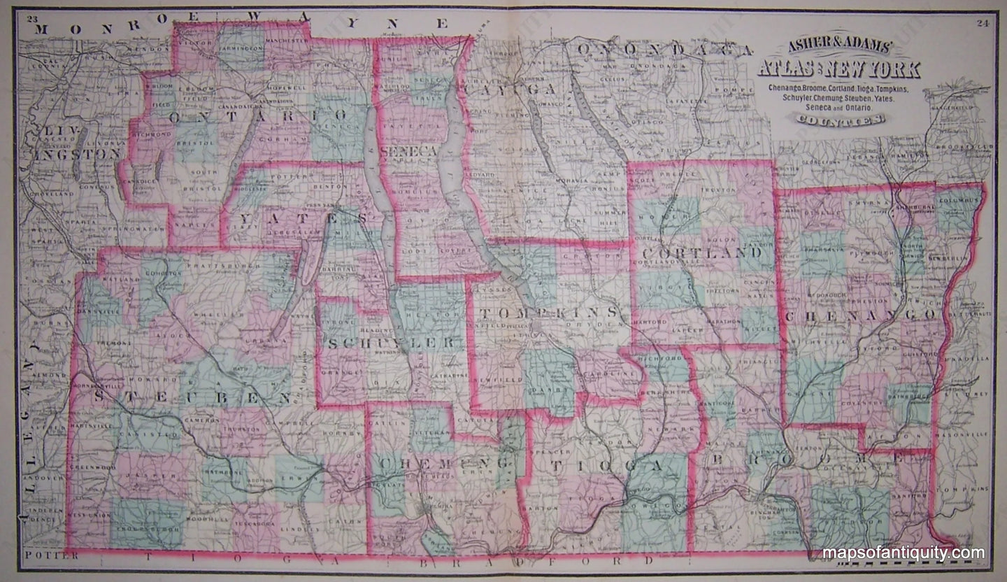 Hand-colored-Antique-Map-Chenango-Broome-Cortland-Tioga-Tompkins-Schuyler-Chemung-Steuben-Yates-Seneca-and-Ontario-Counties-(NY)-United-States-New-York-1871-Asher-and-Adams-Maps-Of-Antiquity