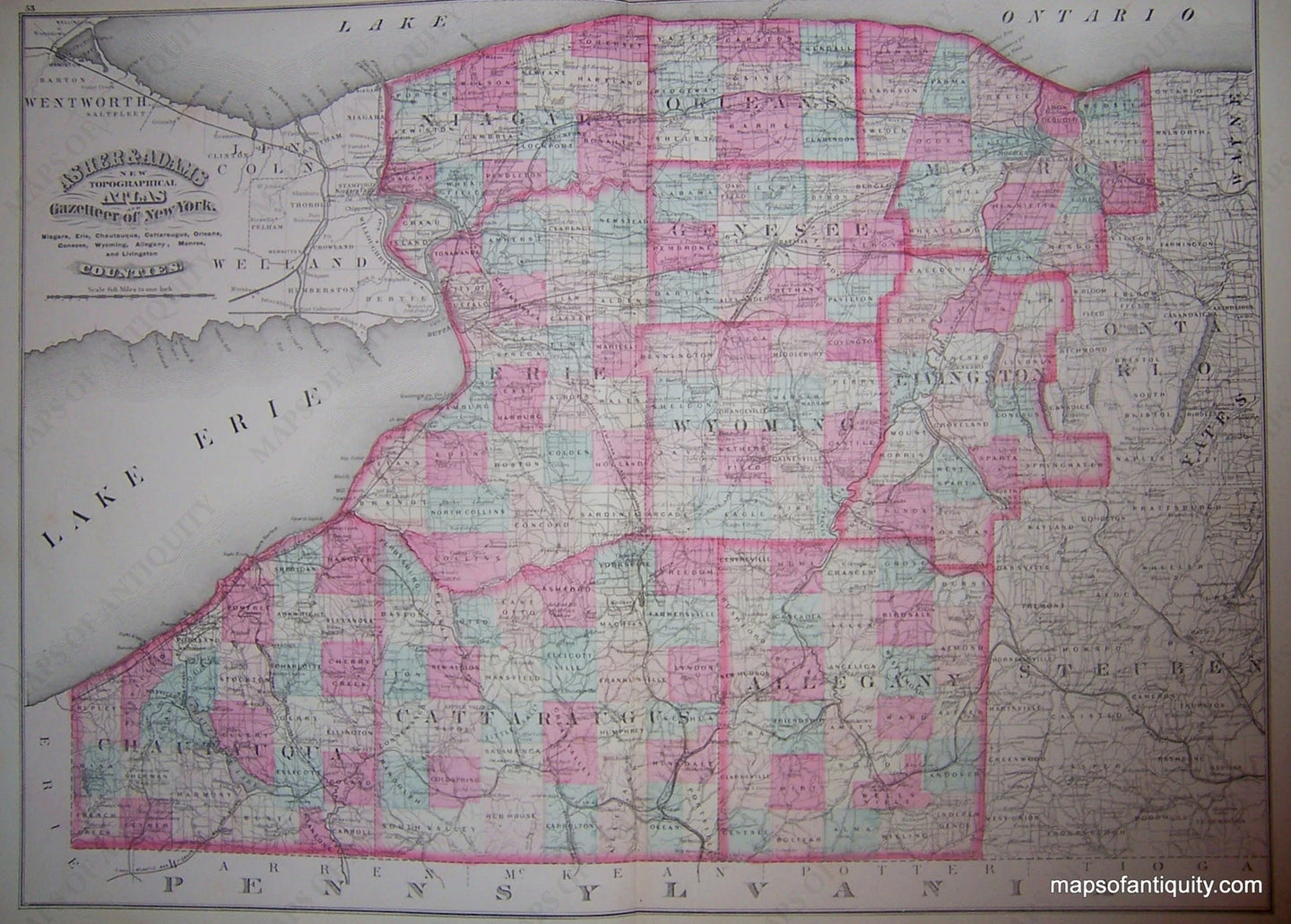 Hand-colored-Antique-Map-Niagara-Erie-Chautauqua-Cattaraugus-Orleans-Genesee-Wyoming-Allegany-Monroe-and-Livingston-(NY)-United-States-New-York-1871-Asher-and-Adams-Maps-Of-Antiquity