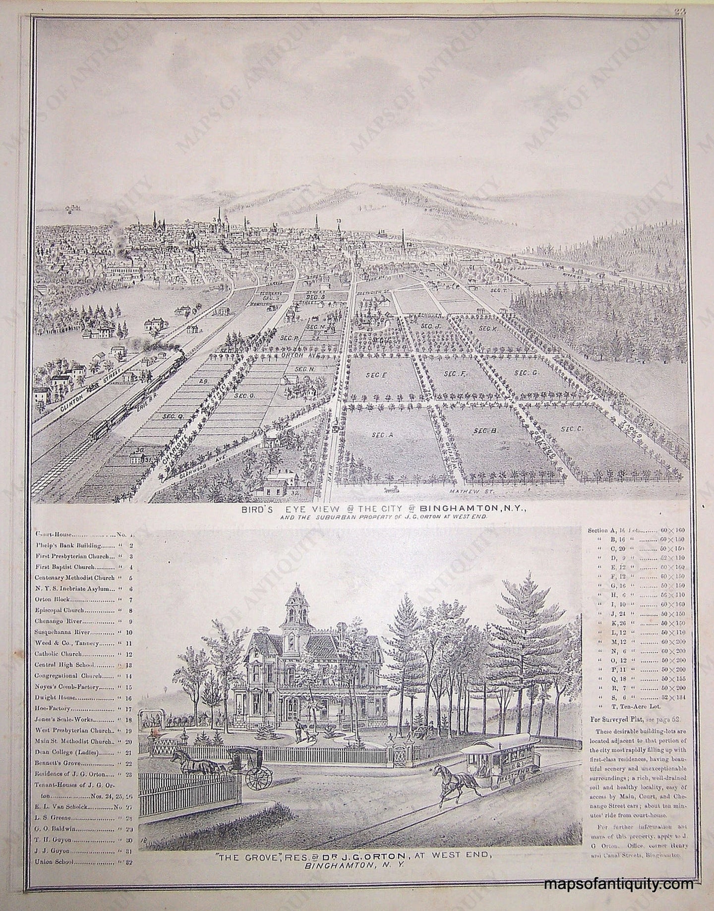 Black-and-White-Engraving-Bird's-Eye-View-of-the-City-of-Binghamton-NY-and--residence-of-Dr.-J.G.-Orton-(NY)-United-States-New-York-1876-Everts-Ensign-&-Everts-Maps-Of-Antiquity