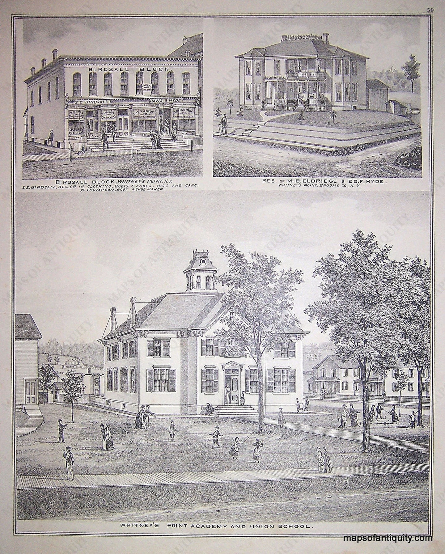 Black-and-White-Engraving-Whitney's-Point-Academy-and-Union-School-Birdsall-Block-Residence-of-M.B.-Eldridge-and-E.D.F.-Hyde-(NY)-United-States-New-York-1876-Everts-Ensign-&-Everts-Maps-Of-Antiquity