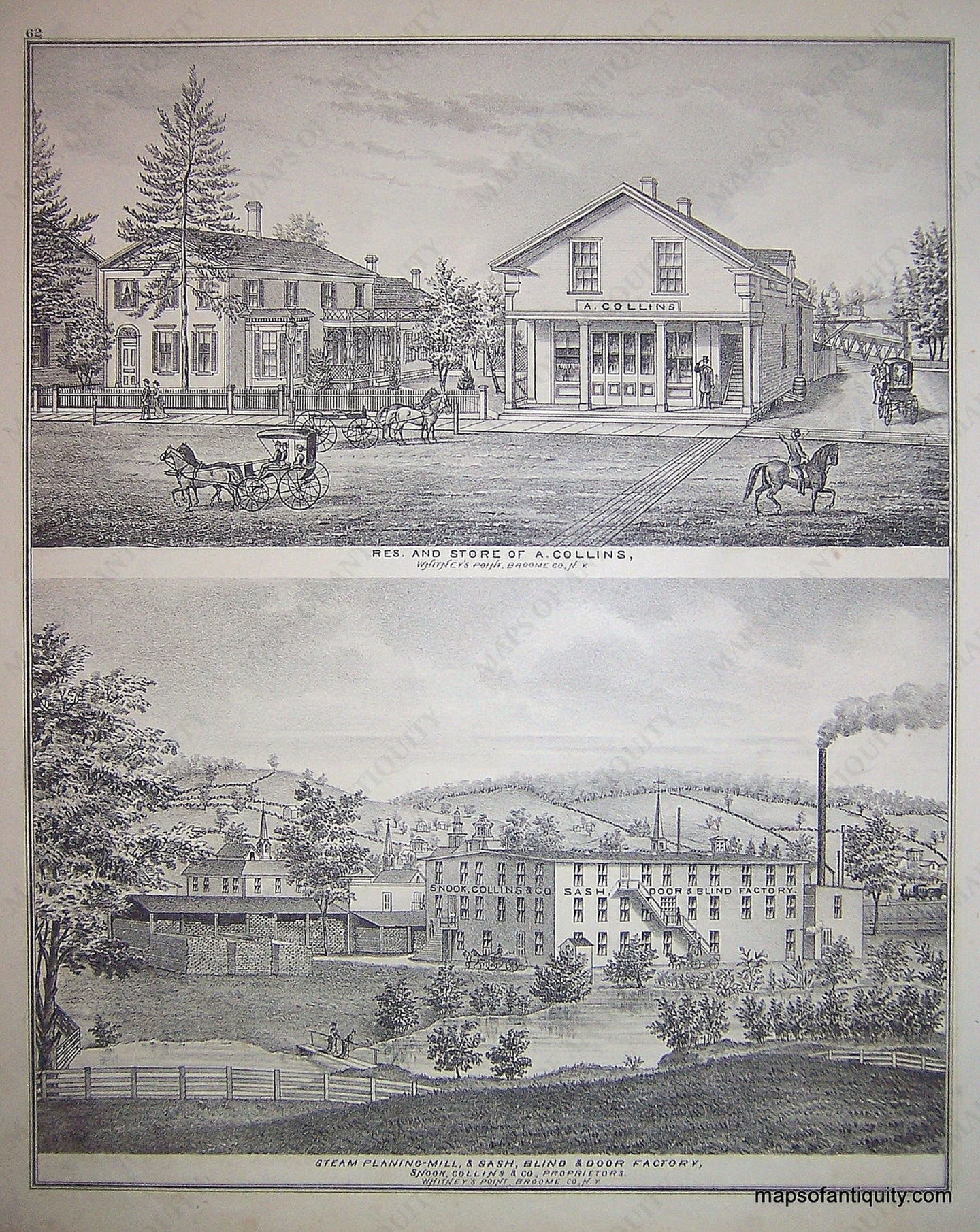 Black-and-White-Engraving-Residence-and-Store-of-A.-Collins-Steam-Planing-Mill-&-Sash-Blind-and-Door-Factory-Broome-County-(NY)-United-States-New-York-1876-Everts-Ensign-&-Everts-Maps-Of-Antiquity