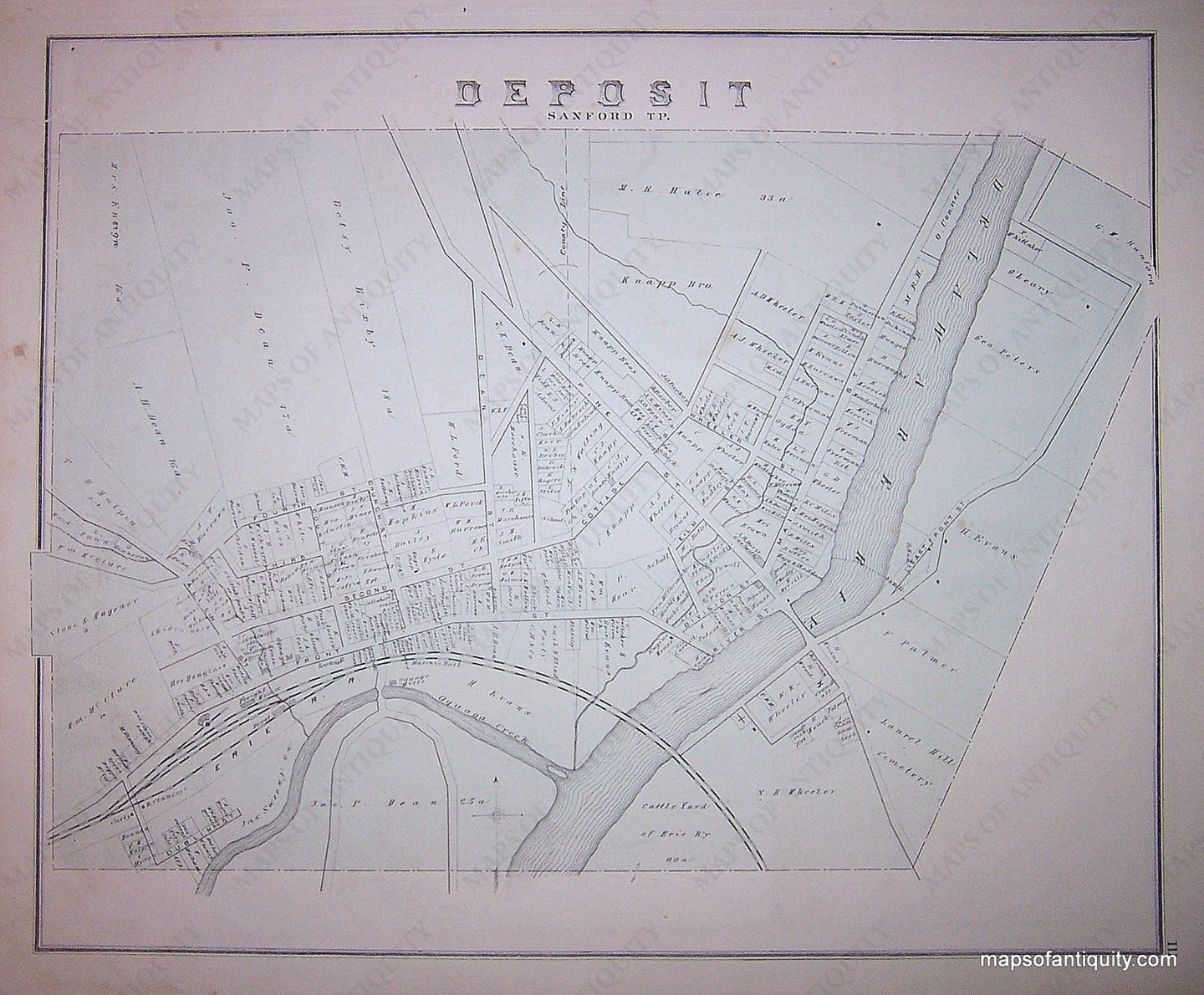 Black-and-White-Engraving-Map-of-Deposit-Sanford-TP.--Broome-County-(NY)-United-States-New-York-1876-Everts-Ensign-&-Everts-Maps-Of-Antiquity