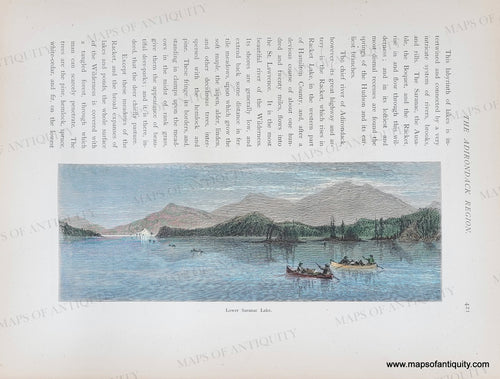 Antique page oriented in a landscape position with text sideways at tope and at bottom an image of a lake with mountains in the distance and canoes and other boats. Colored in blues, greens, and tans