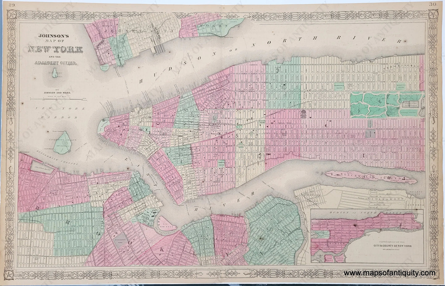 Antique-Map-Manhattan-New-York-Brooklyn-1864-NYC-1860s-1800s-Maps-of-Antiquity