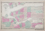Antique map of the southern part of Manhattan with part of Brooklyn and Jersey City in original color in tones of pink, green, yellow, and orange delineating wards and parks