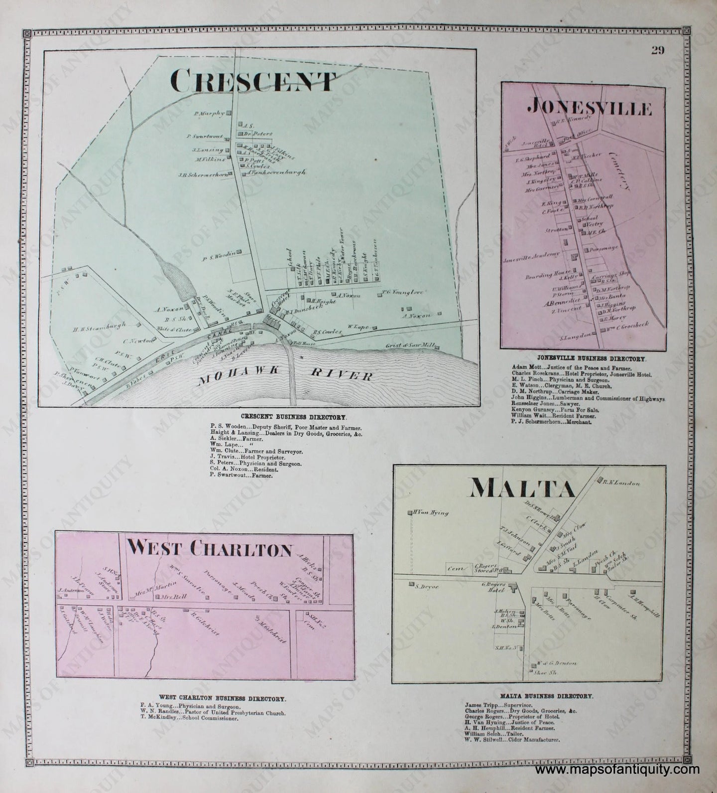 Hand-Colored-Engraved-Antique-Map-Crescent-Jonesville-Malta-West-Charlton-New-York-United-States-Northeast-1866-Stone-and-Stewart-Maps-Of-Antiquity