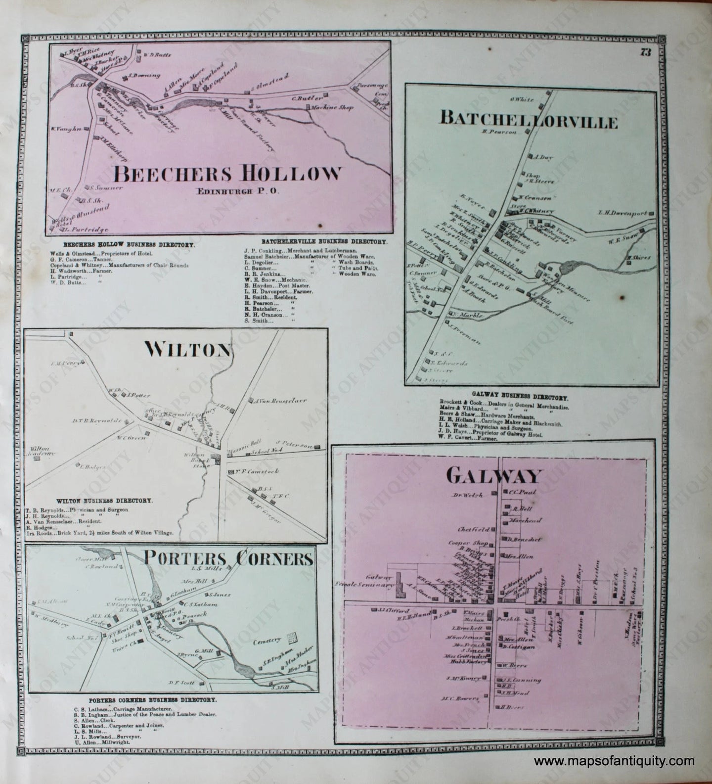 Hand-Colored-Engraved-Antique-Map-Beechers-Hollow-Edinburgh-PO-Batchellorville-Galway-Wilton-Porters-Corners-New-York-United-States-Northeast-1866-Stone-and-Stewart-Maps-Of-Antiquity