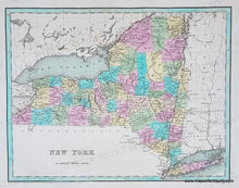 Load image into Gallery viewer, Antique map of New York state with original hand-coloring for counties in vibrant tones of green, yellow, pink, blue, and orange
