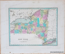 Load image into Gallery viewer, Antique map of New York state with original hand-coloring for counties in vibrant tones of green, yellow, pink, blue, and orange
