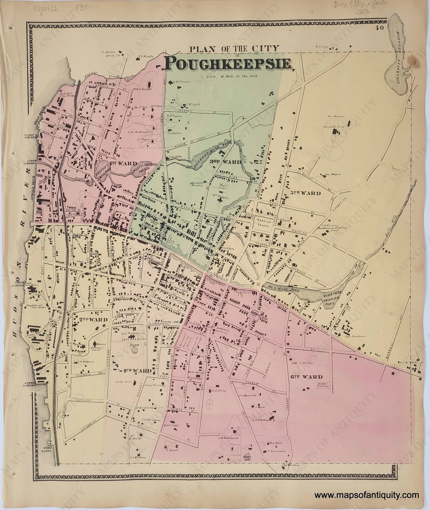 1867 - Plan Of The City Poughkeepsie (Ny) Antique Map Genuine Hand-Colored