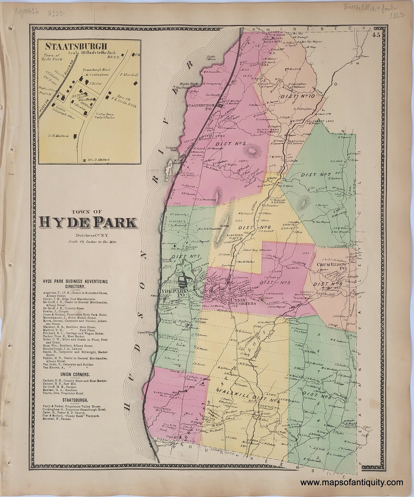 Antique-Hand-Colored-Map-Town-of-Hyde-Park--(NY)-**********-United-States-New-York-1867-Beers-Ellis-and-Soule-Maps-Of-Antiquity
