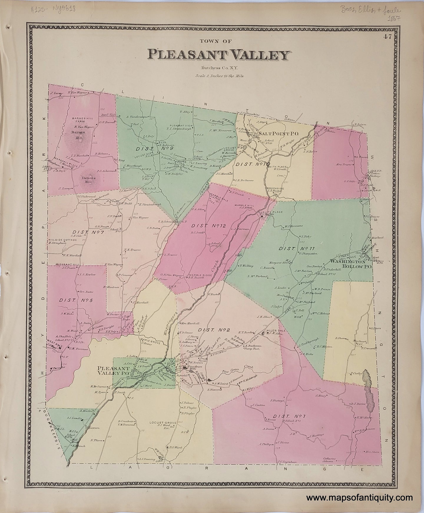 Antique-Hand-Colored-Map-Town-of-Pleasant-Valley-(NY)-United-States-New-York-1867-Beers-Ellis-and-Soule-Maps-Of-Antiquity