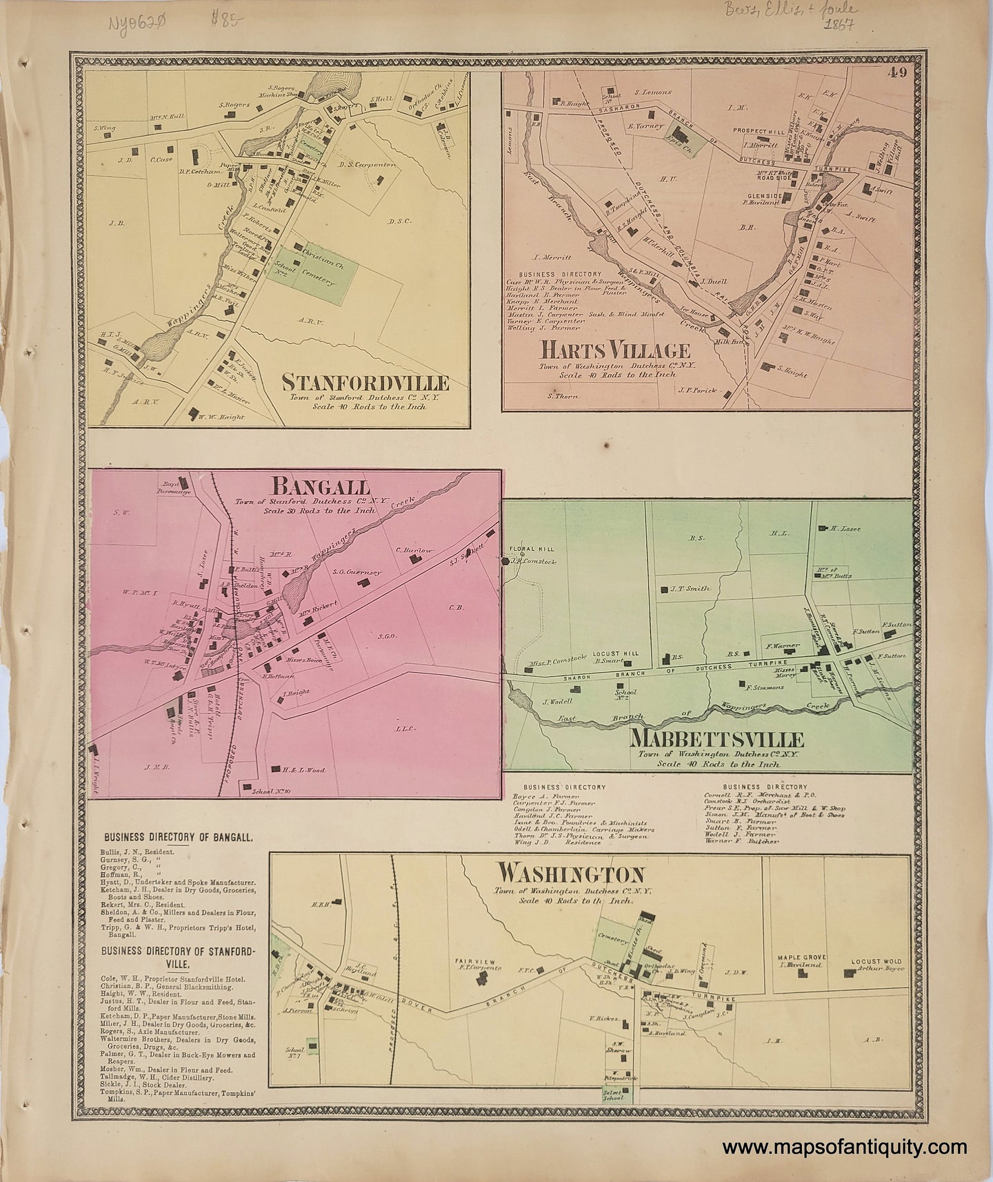 Antique-Hand-Colored-Map-Stanfordville-Harts-Village-Bangall-Mabbettsville-and-Washington-(NY)-United-States-New-York-1867-Beers-Ellis-and-Soule-Maps-Of-Antiquity