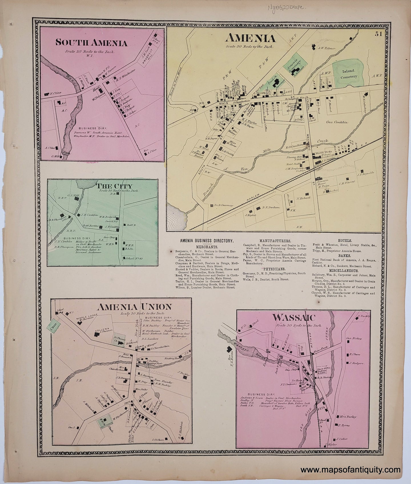 Antique page with five village maps of villages in New York. With original hand-coloring ins antique tones of pink, peach, yellow, green.