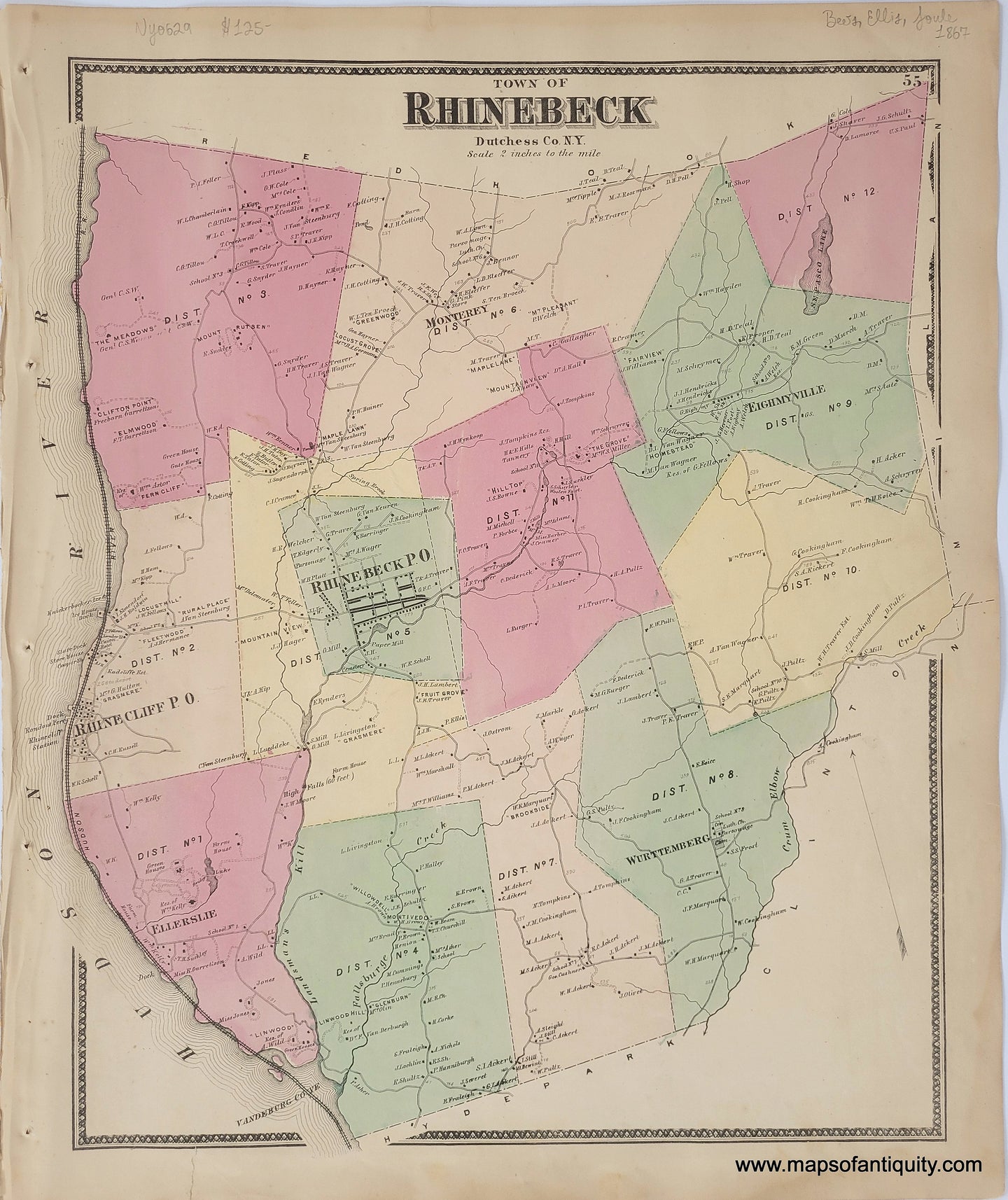 Antique-Hand-Colored-Map-Town-of-Rhinebeck-(NY)-******-United-States-New-York-1867-Beers-Ellis-and-Soule-Maps-Of-Antiquity