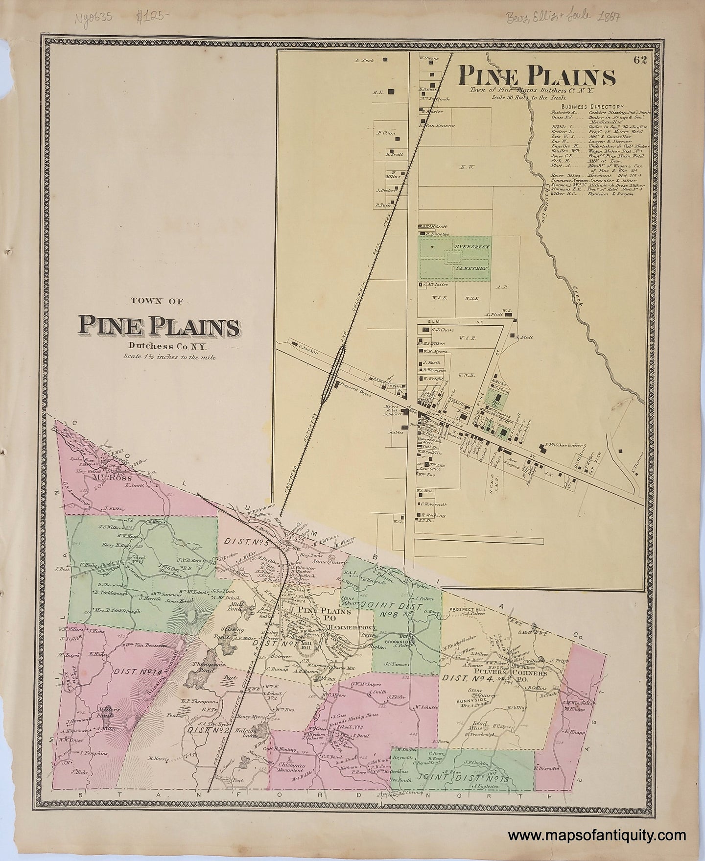 Antique-Hand-Colored-Map-Town-of-Pine-Plains-(NY)-**********-United-States-New-York-1867-Beers-Ellis-and-Soule-Maps-Of-Antiquity