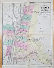 Load image into Gallery viewer, Antique old map of Troy and West Troy with colored sections on a plain background Antique Map with original hand-coloring in tones of yellow, green, pink orange.
