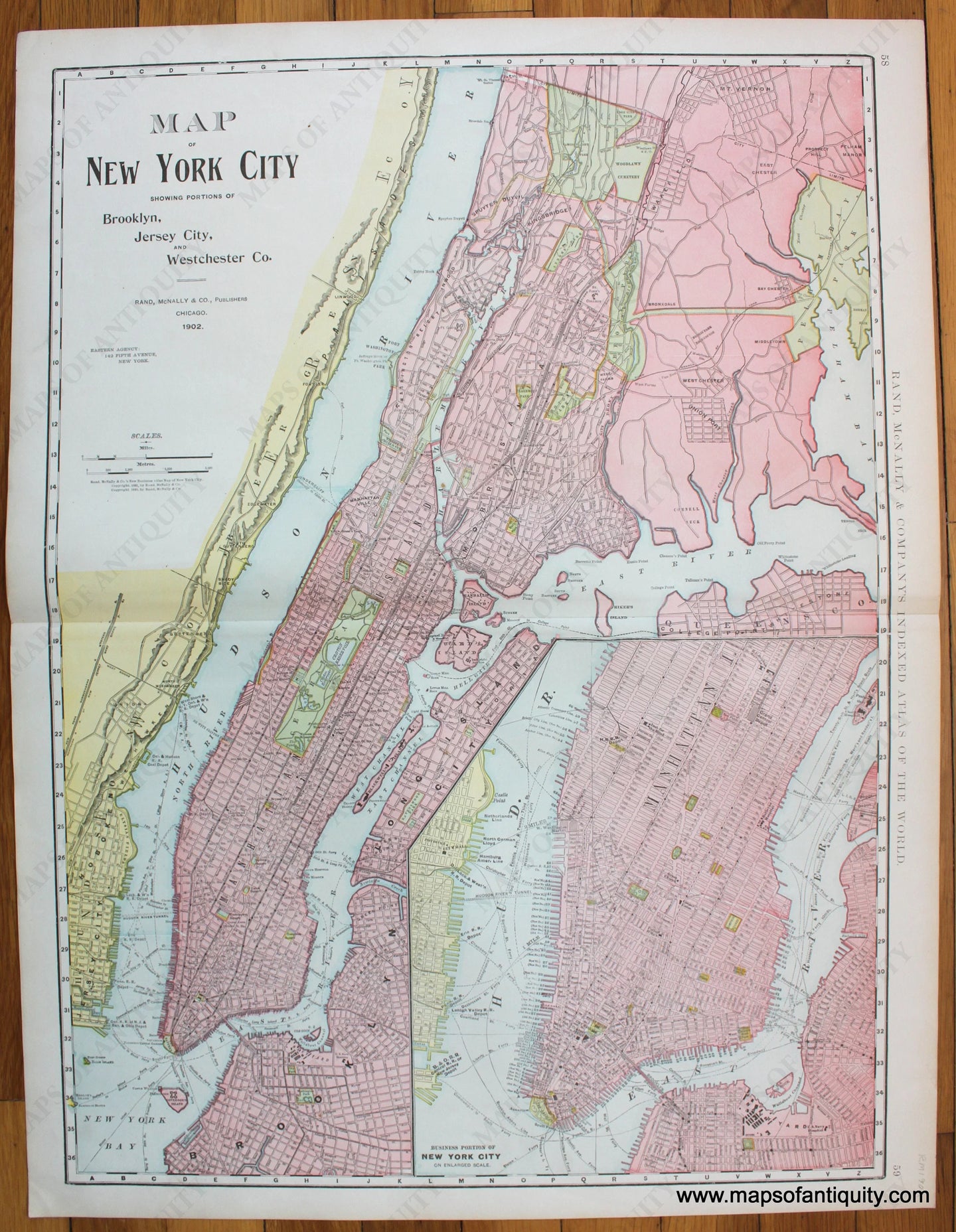 Maps-Antiquity-Antique-Map-NYC-New-York-City-Brooklyn-Jersey-City-Westchester-Co-County-Business-Portion-On-Enlarged-Scale-Rand-McNally-1901-1900s-Early-20th-Century