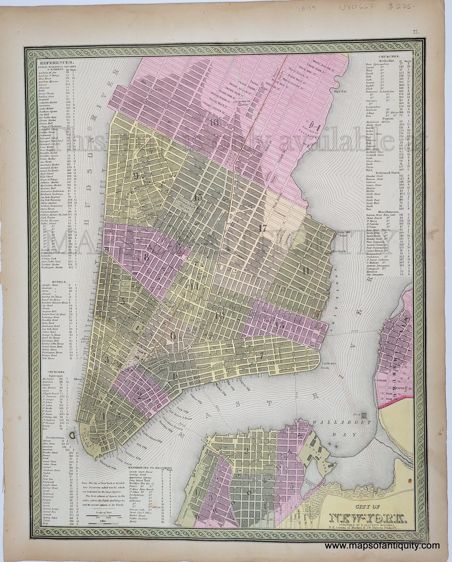 Antique Map with original hand-coloring in tones of green, yellow, peach, and pink. 
Antique-Hand-Colored-Map-City-of-New-York.-United-States-Northeast-1849-Mitchell-Maps-Of-Antiquity