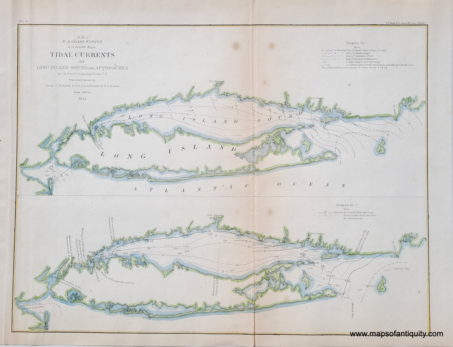 Hand-Colored-Antique-Coast-Chart-Tidal-Currents-of-Long-Island-Sound-and-Approaches-**********-United-States-New-York-1854-USCS-Maps-Of-Antiquity
