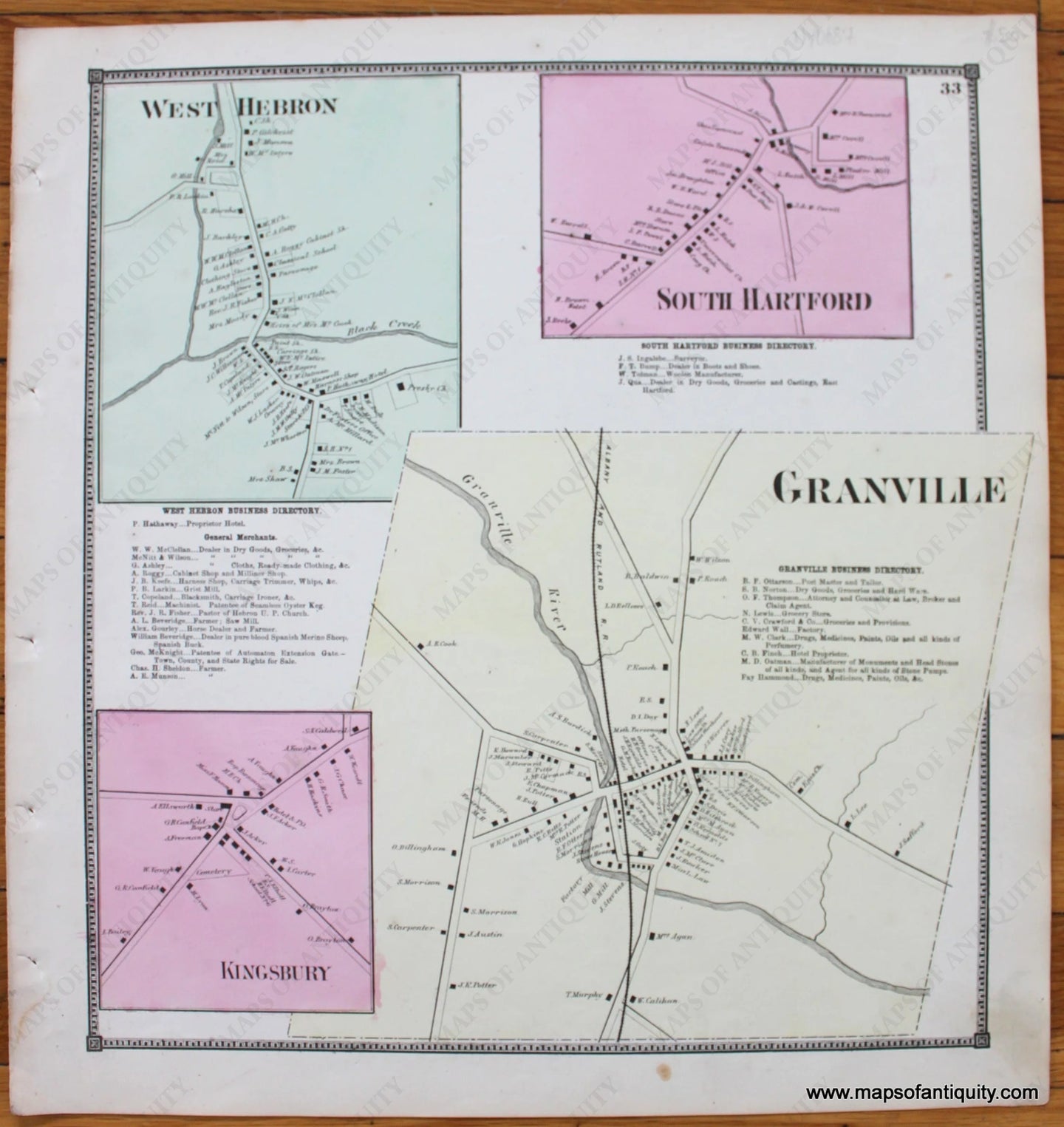 Antique-Map-Town-Towns-Granville-Kingsbury-West-Hebron-South-Hartford-New-Topographical-Atlas-of-Washington-County-New-York-by-Stone-and-Stewart-1866-1860s-1800s-Mid-Late-19th-Century-Maps-of-Antiquity-