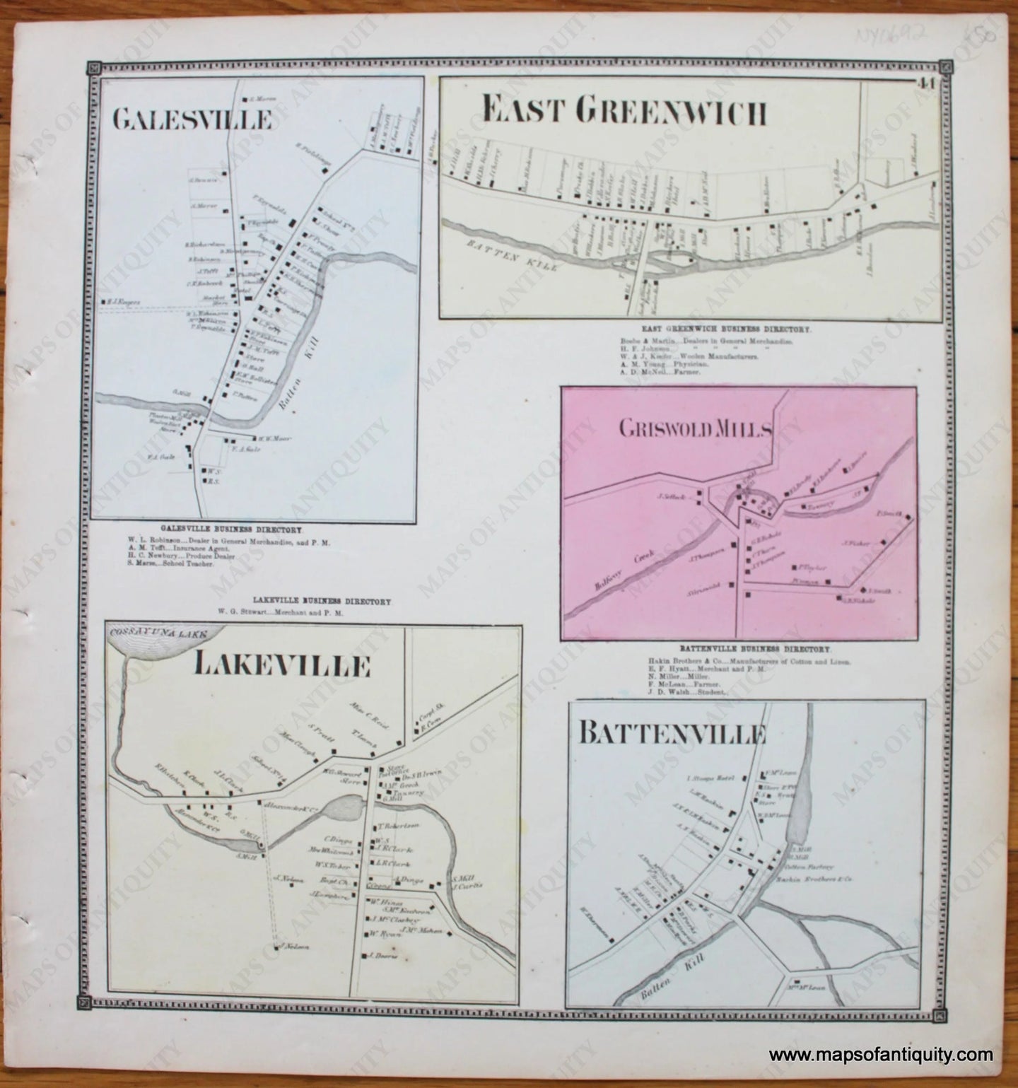 Antique-Map-Town-Towns-Galesville-East-Greenwich-Griswold-Mills-Battenville-Lakeville-New-Topographical-Atlas-of-Washington-County-New-York-by-Stone-and-Stewart-1866-1860s-1800s-Mid-Late-19th-Century-Maps-of-Antiquity-