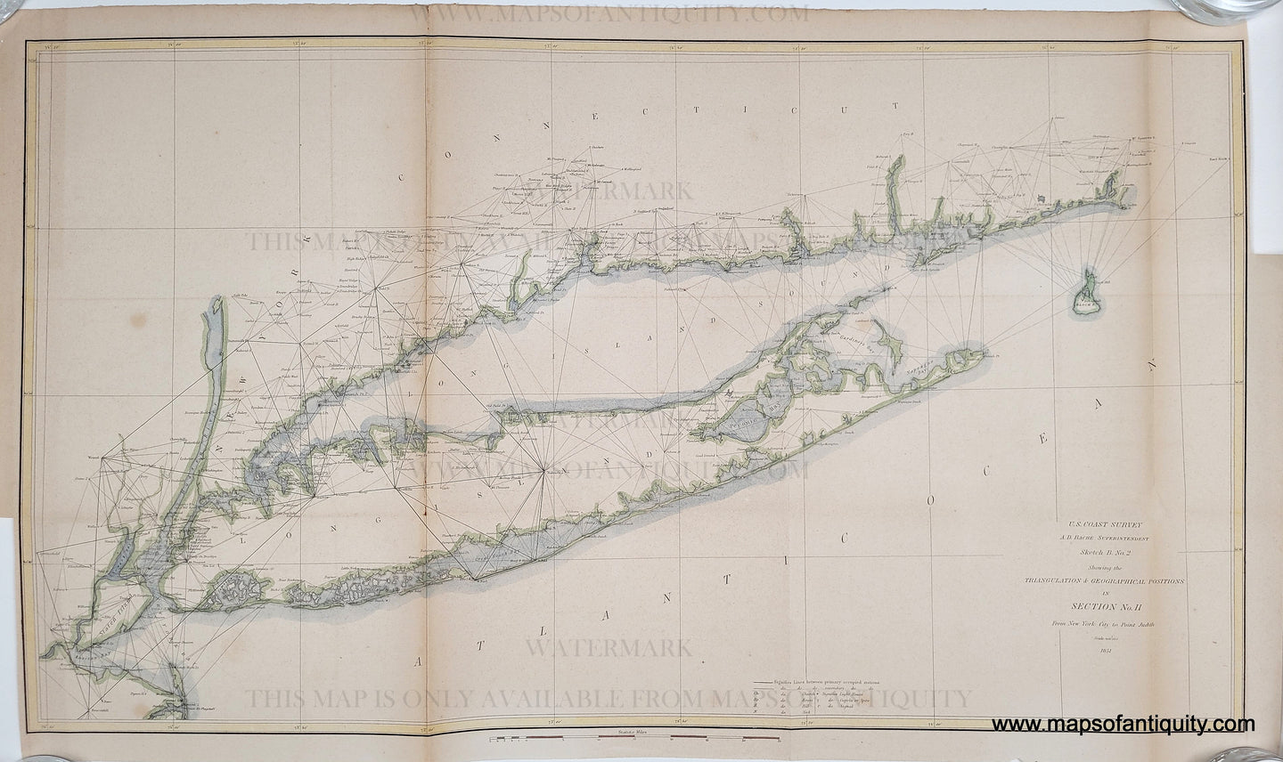 Map showing Long Island, the Coast of CT and surrounding areas with outline color in blue and green. Antique-Map-Coast-Long-Island-Connecticut-Coastal-Report-Chart-United-States-Survey-Sketch-B-No.-2-II-New-York-City-to-Point-Judith-Triangulation-Geographical-Positions-1851-1850s-1800s-Mid-19th-Century-Maps-of-Antiquity