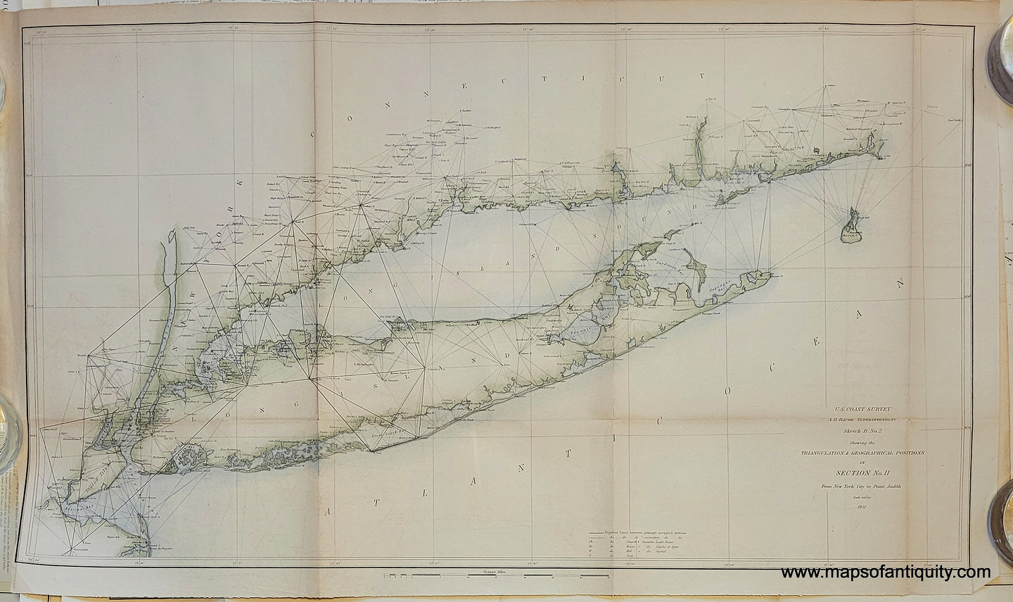 Antique-Map-Coast-Long-Island-Connecticut-Coastal-Report-Chart-United-States-Survey-Sketch-B-No.-2-II-New-York-City-to-Point-Judith-Triangulation-Geographical-Positions-1851-1850s-1800s-Mid-19th-Century-Maps-of-Antiquity
