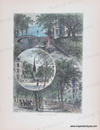 Antique print showing several street scenes of Brooklyn New York as it was in 1872 with tree-lined walks, horse-drawn carriages, and ladies with bustles and parasols