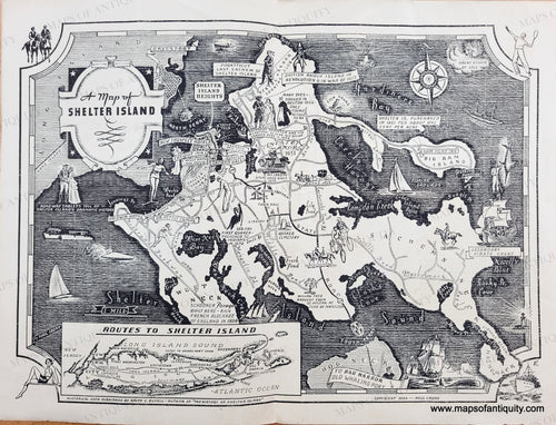 black and white map with illustrations of Shelter Island and a map showing routes to Shelter Island from Long Island. Antique-Map-of-Shelter-Island-Long-Island-New-York-Paul-Laune-Pictorial-1934-1930s-20th-Century-Pictorial-Maps-of-Antiquity