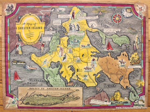 Antique-Map-of-Shelter-Island-Long-Island-New-York-Paul-Laune-Pictorial-1934-1930s-20th-Century-Pictorial-Maps-of-Antiquity