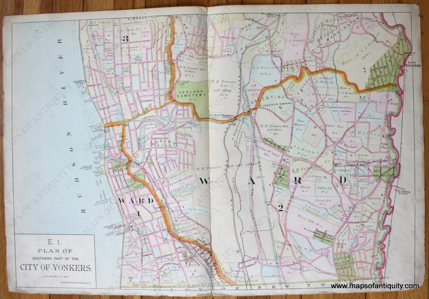 Antique-Map-E.1.-Plan-of-Southern-Part-of-the-City-of-Yonkers-Watson-1891-Maps-Of-Antiquity