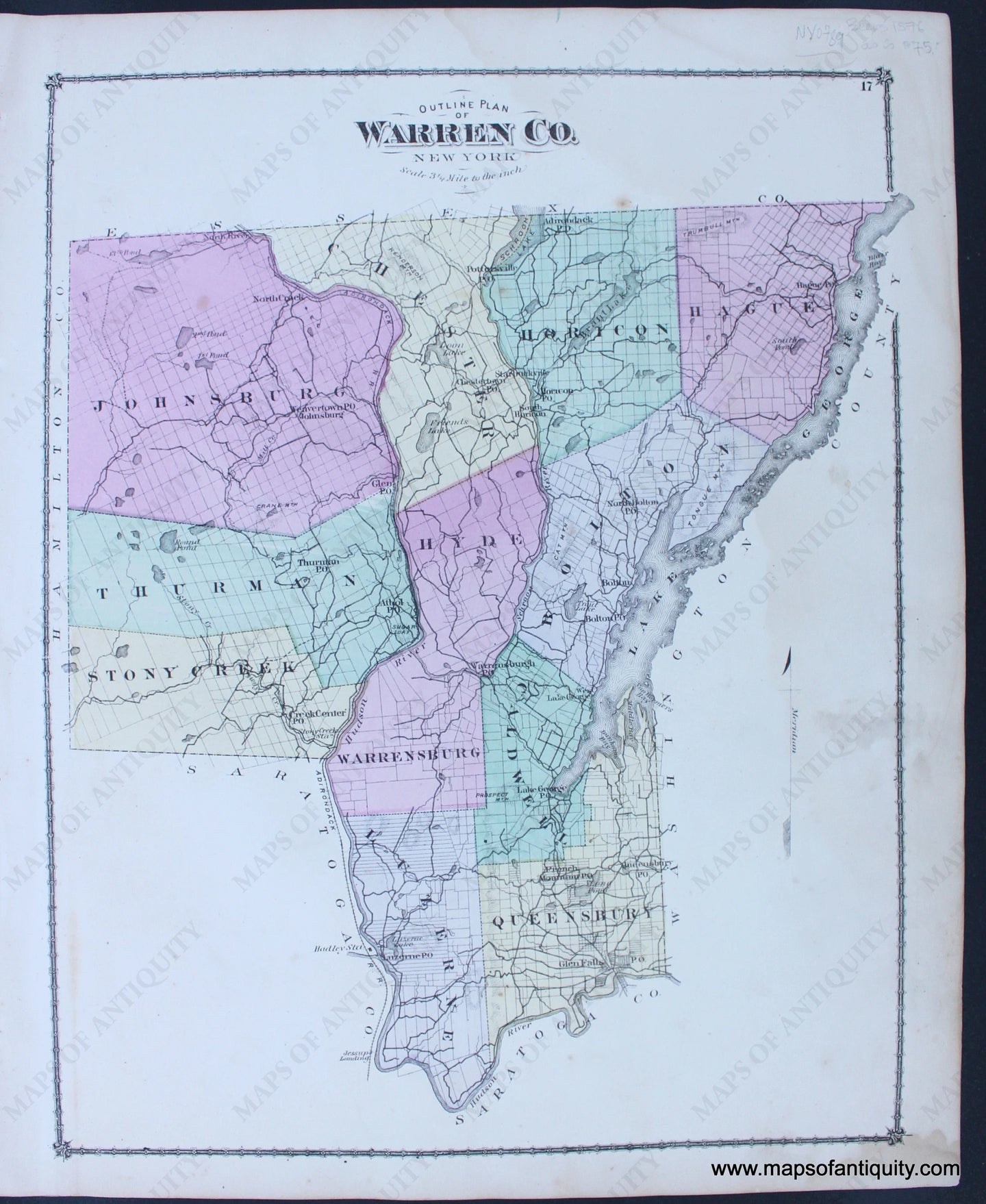 Antique-Hand-Colored-Map-Plan-of-Warren-County-New-York-1876-Beers-Northeast-New-York-State-1800s-19th-century-Maps-of-Antiquity