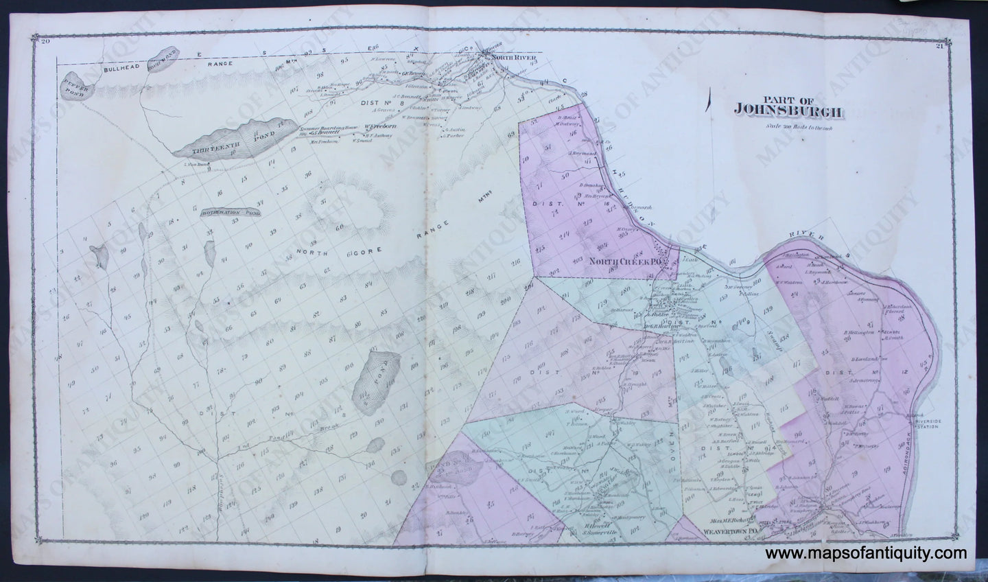 Antique-Hand-Colored-Map-Part-of-Johnsburg-Johnsburgh-1876-Beers-Northeast-New-York-State-1800s-19th-century-Maps-of-Antiquity