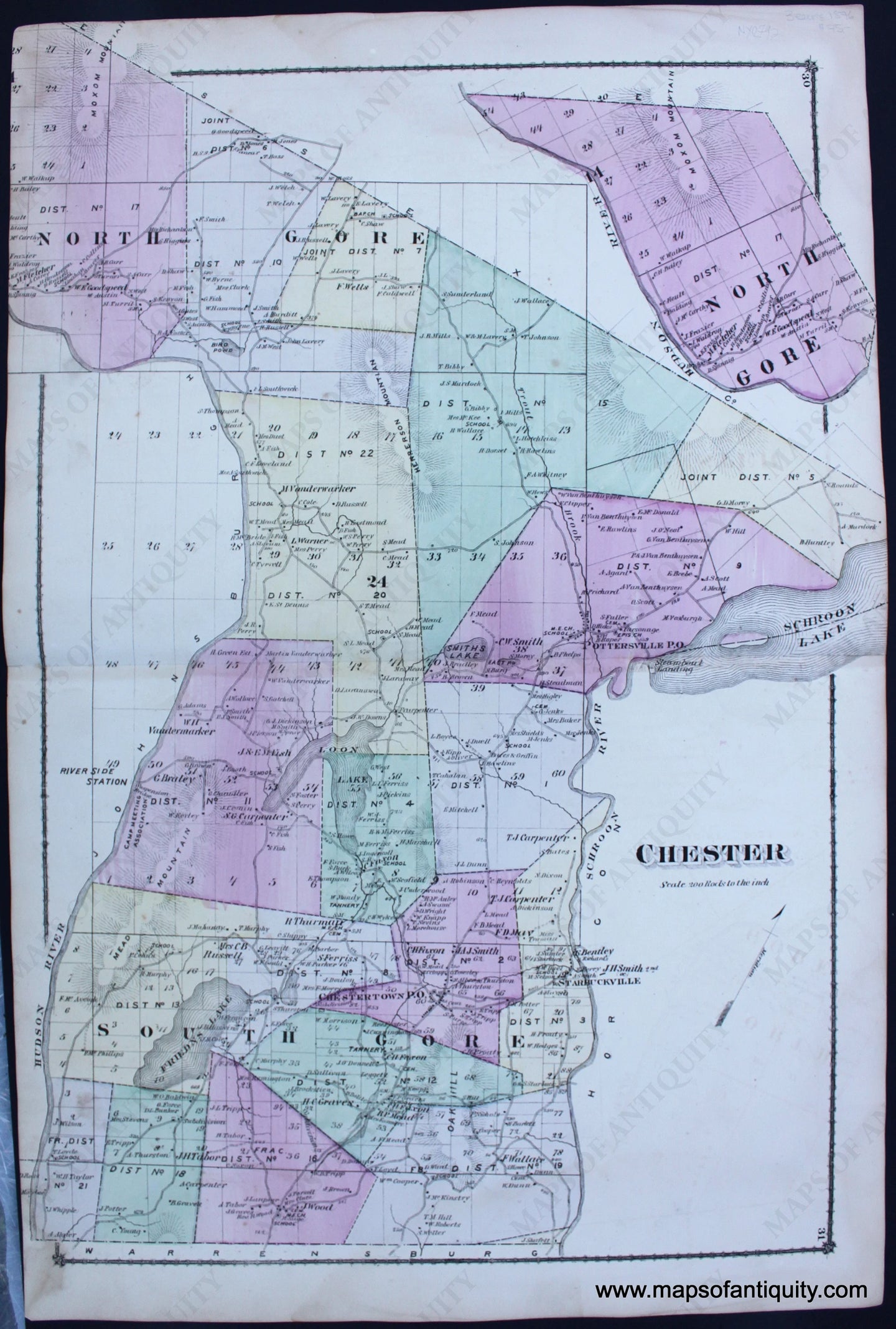 Antique-Hand-Colored-Map-Chester-(NY)-1876-Beers-Northeast-New-York-State-1800s-19th-century-Maps-of-Antiquity