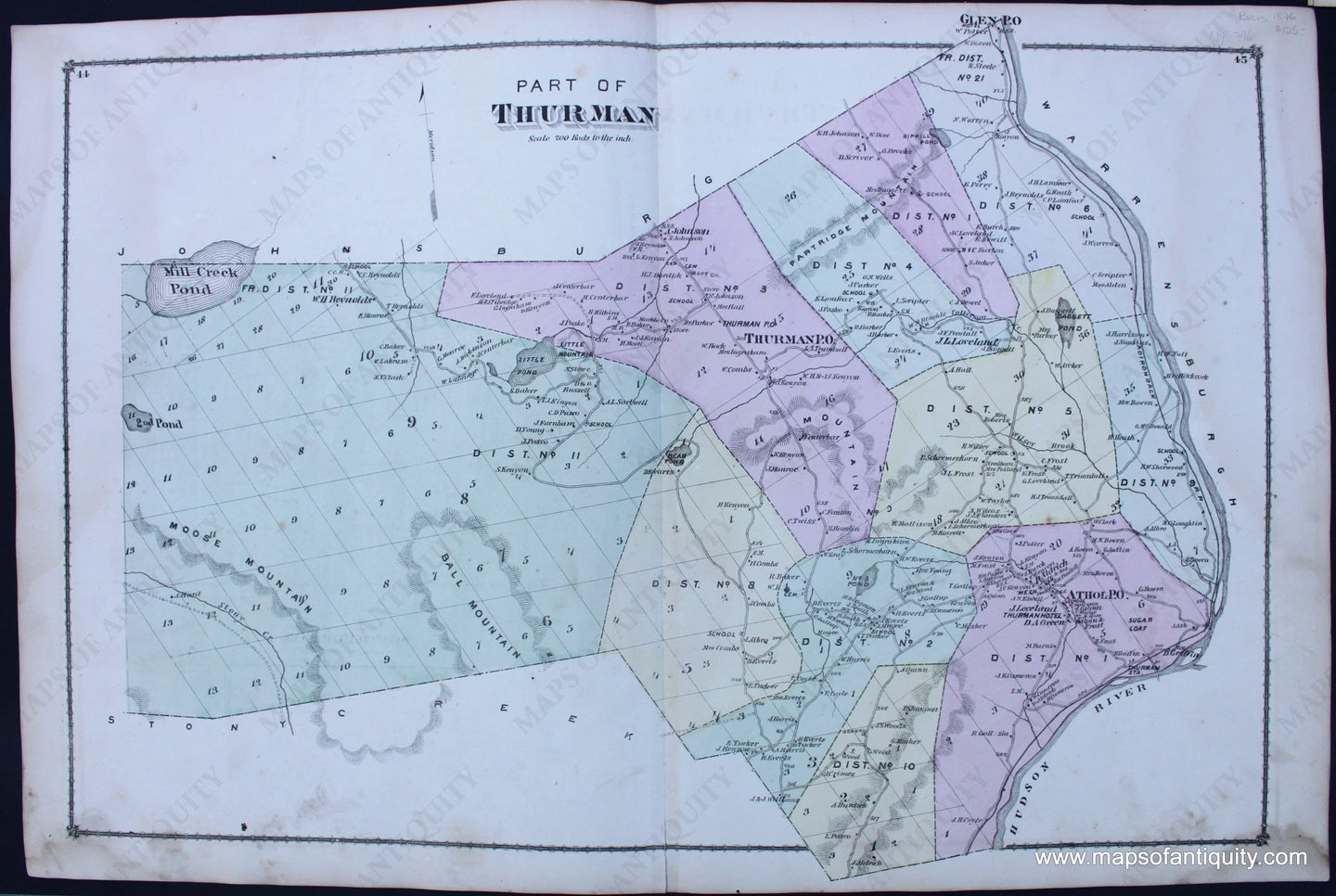 Antique-Hand-Colored-Map-Part-of-Thurman-with-South-Horicon-(NY)-1876-Beers-Northeast-New-York-State-1800s-19th-century-Maps-of-Antiquity