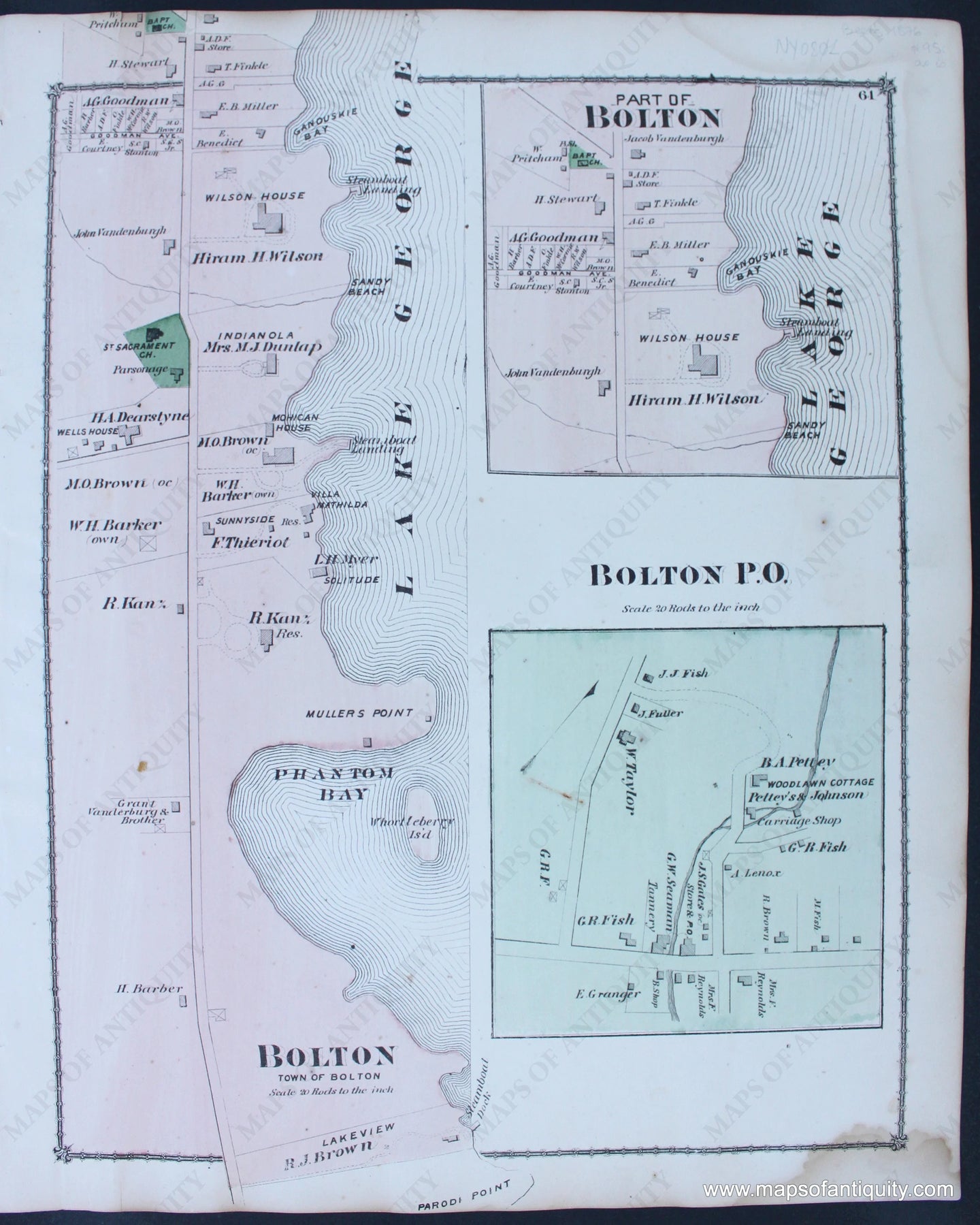 Antique-Hand-Colored-Map-Bolton-Part-Stony-Creek-Parts-(NY)-1876-Beers-Northeast-New-York-State-1800s-19th-century-Maps-of-Antiquity